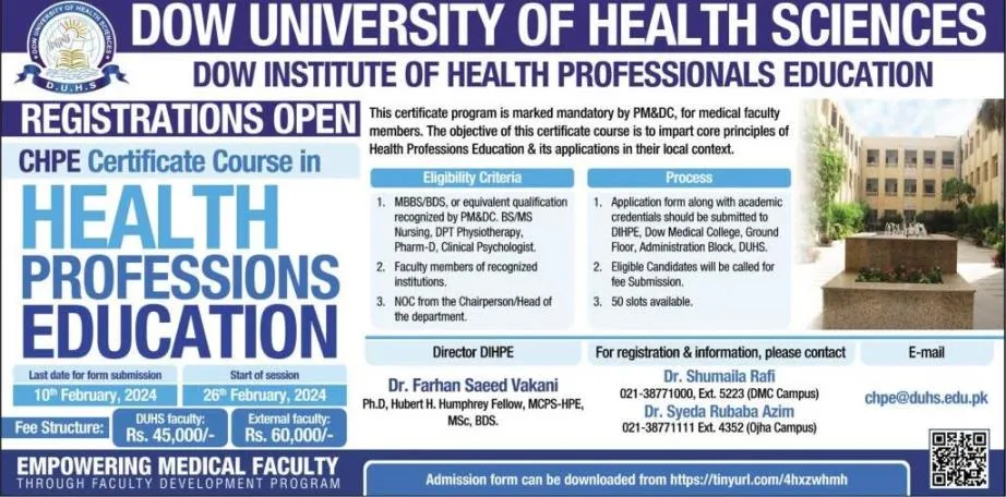 admission announcement of Dow University Of Health Sciences
