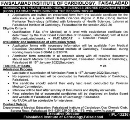 admission announcement of Faisalabad Institute Of Cardiology