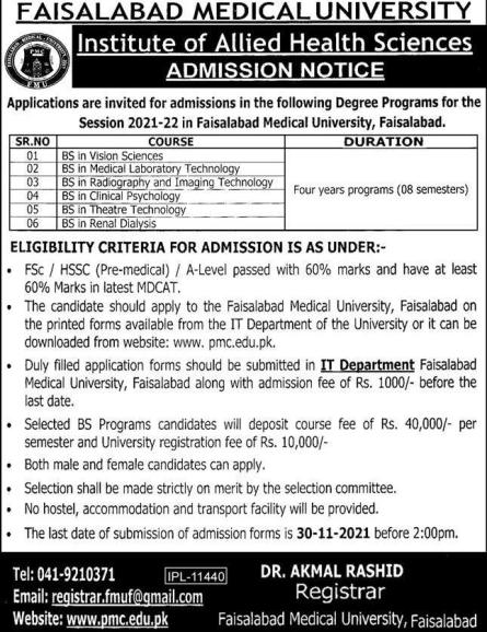 admission announcement of Faisalabad Medical University