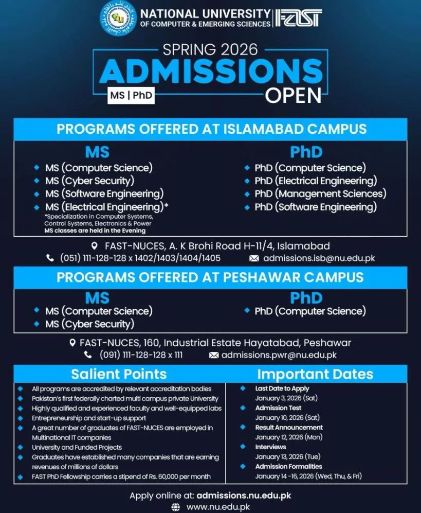 admission announcement of National University Of Computer And Emerging Sciences, Islamabad