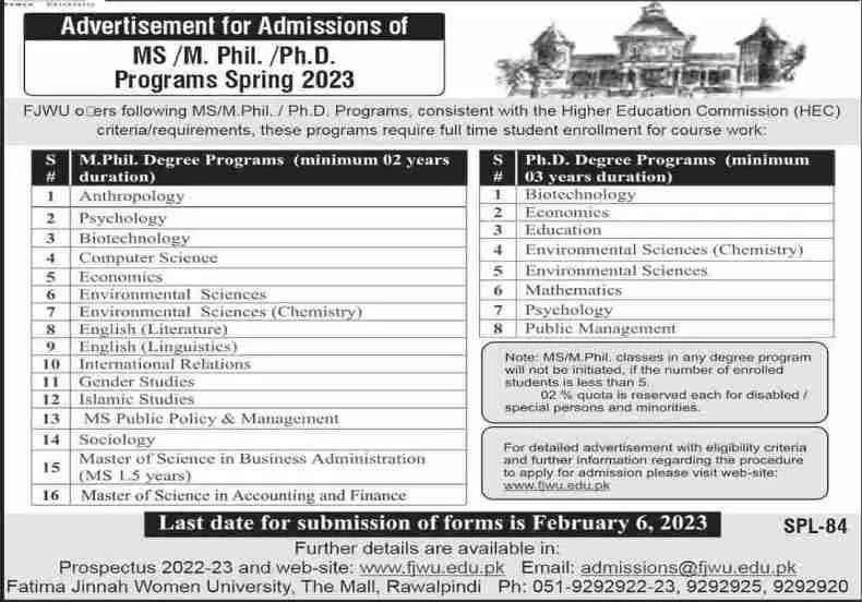 admission announcement of Fatima Jinnah Women University