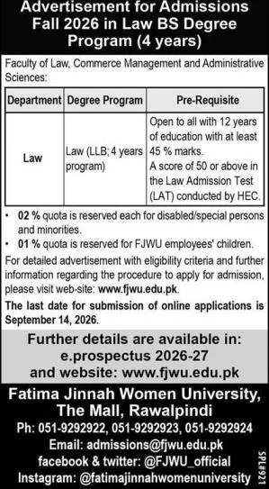 admission announcement of Fatima Jinnah Women University