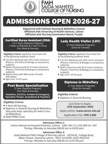 admission announcement of Saida Waheed Fmh College Of Nursing
