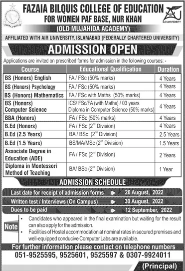 admission announcement of Bilquis College Of Eduacton For Women [chaklala]