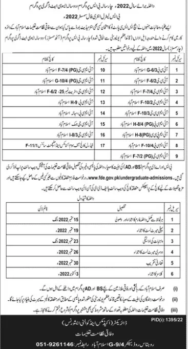admission announcement of Islamabad College For Girls Shalimar F-6/2
