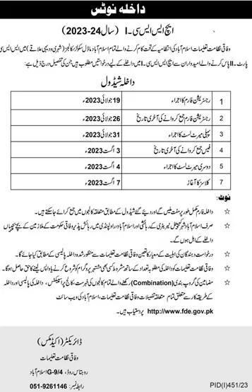 admission announcement of Islamabad Model College For Girls Shalimar F-6/2