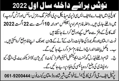 admission announcement of F.g Degree College For Women