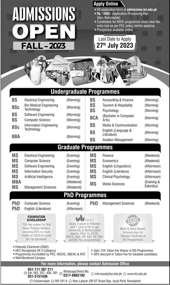 admission announcement of Foundation University Islamabad (sub Campus)