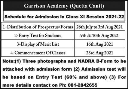 admission announcement of Garrison Academy, Musa Road