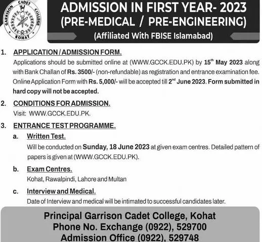 admission announcement of Garression Cadit College