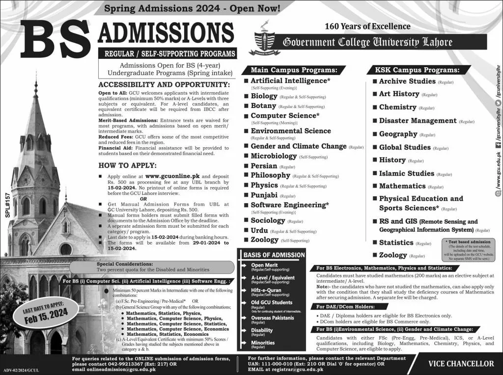 admission announcement of Government College University Lahore, Kala Shah Kaku Campus