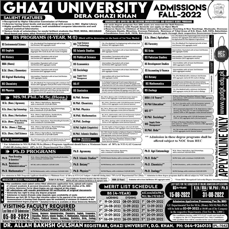 admission announcement of Ghazi University