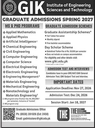 admission announcement of Ghulam Ishaq Khan Institute Of Engineering Sciences & Technology