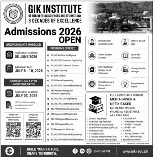 admission announcement of Ghulam Ishaq Khan Institute Of Engineering Sciences & Technology