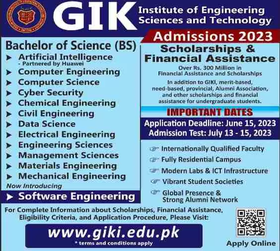 admission announcement of Ghulam Ishaq Khan Institute Of Engineering Sciences & Technology