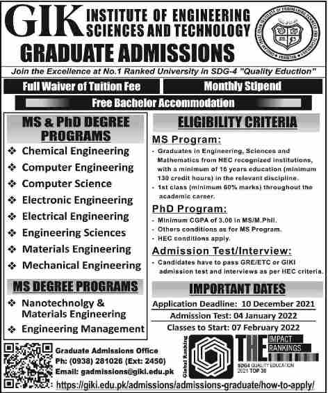 admission announcement of Ghulam Ishaq Khan  Institute Of Engineering Sciences & Technology