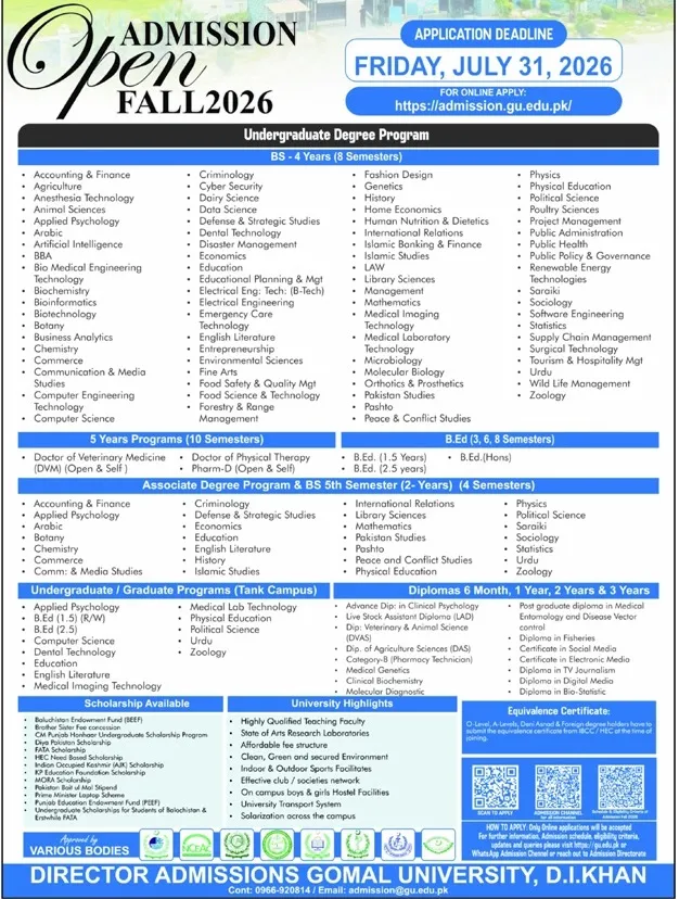 admission announcement of Gomal University, Tank Campus
