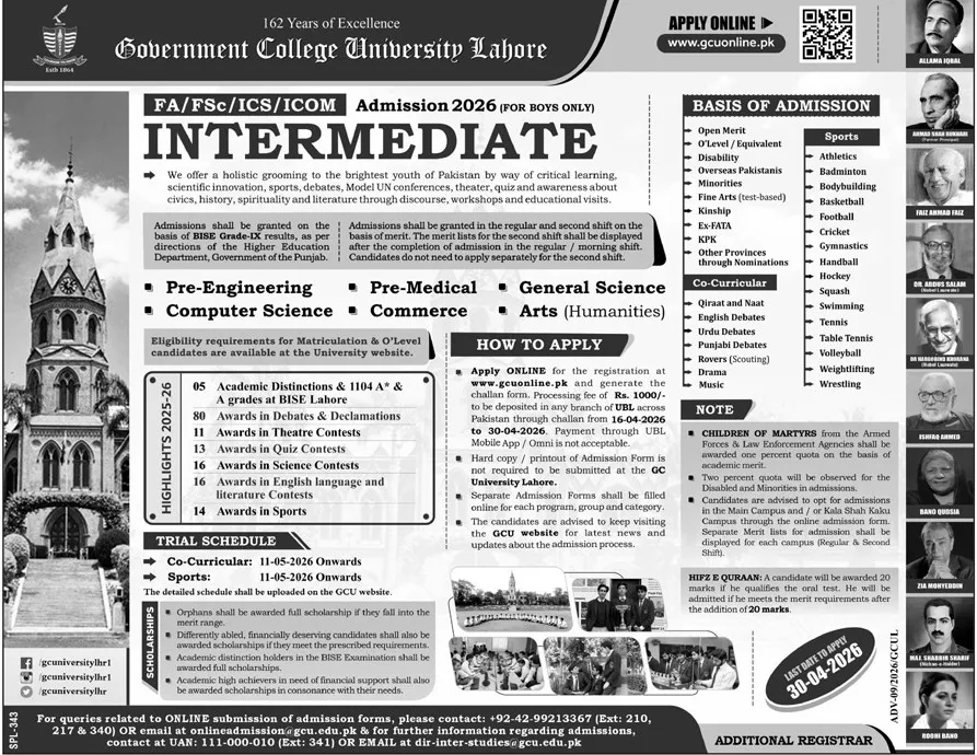 admission announcement of Government College University Lahore