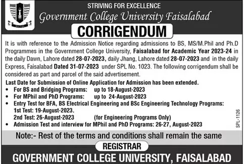 admission announcement of Government College University
