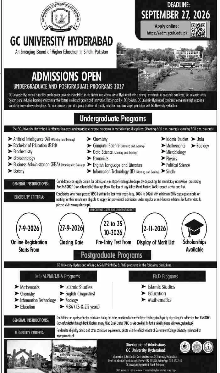 admission announcement of Government College University Hyderabad