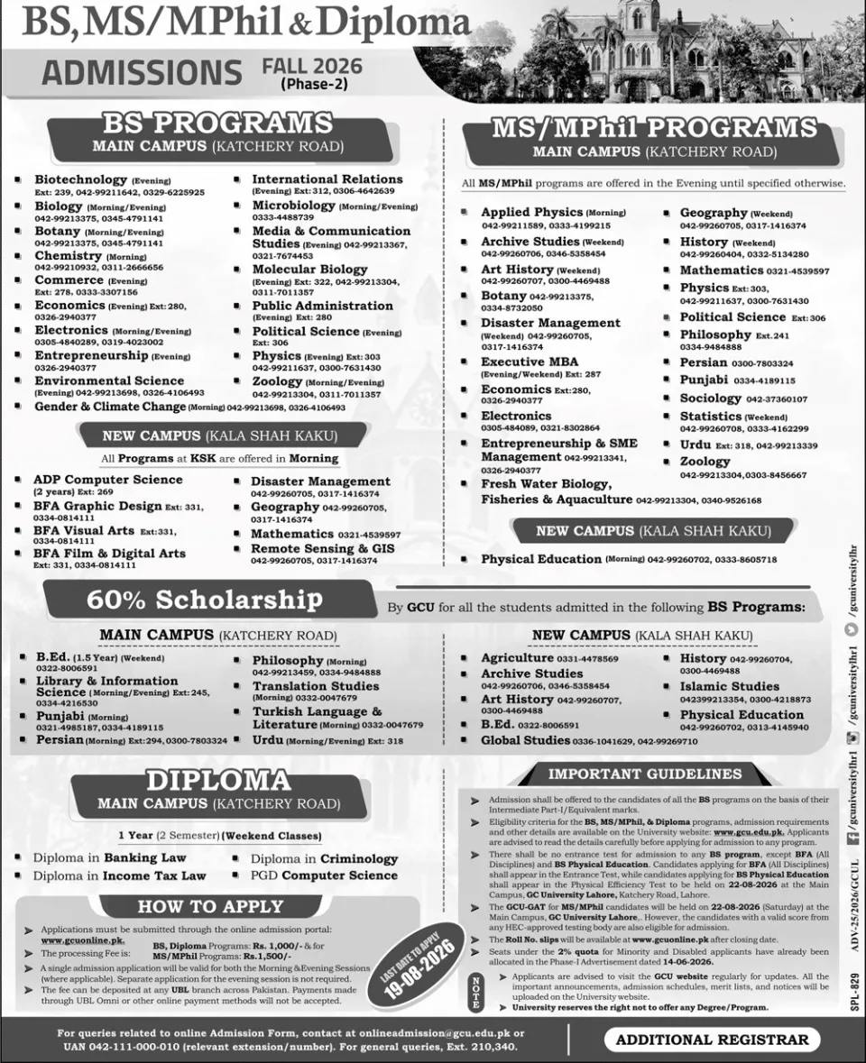 admission announcement of Government College University Lahore