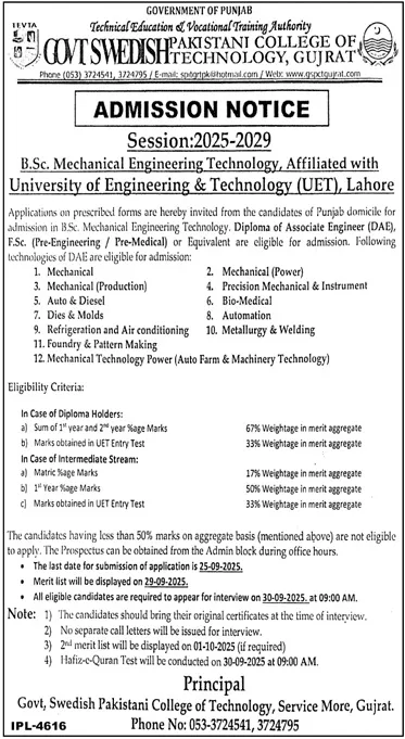 admission announcement of Government Swedish Pakistani College Of Technology,