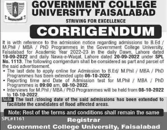 admission announcement of Government College University