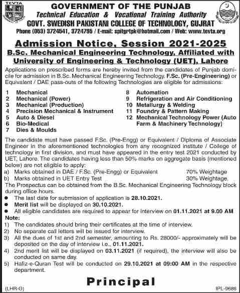 admission announcement of Government Swedish Pakistani College Of Technology,