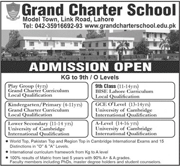 admission announcement of Grand Charter High School For Boys