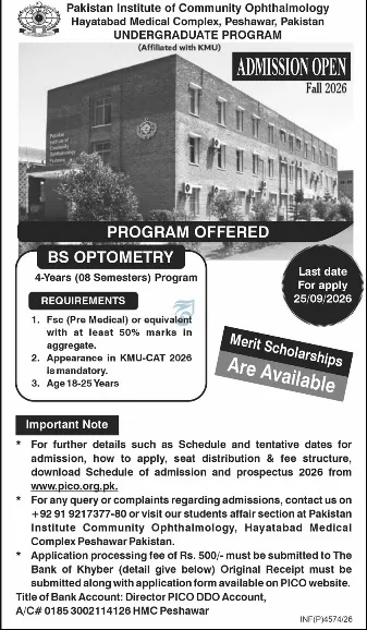 admission announcement of Pakistan Institute Of Community Ophthalmology