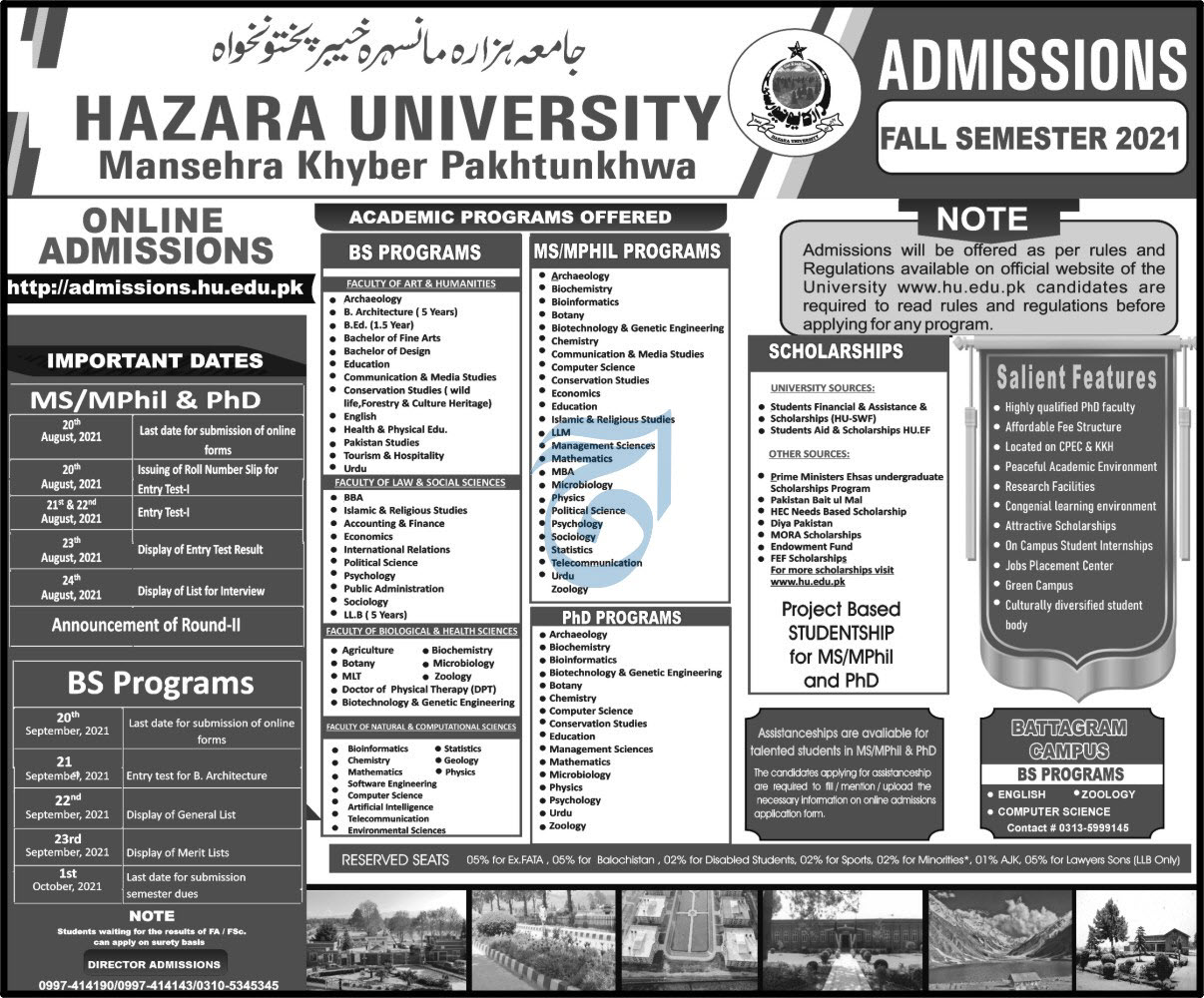 admission announcement of Hazara University