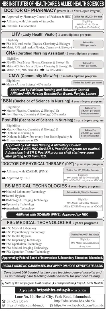 admission announcement of Hbs Medical And Dental College