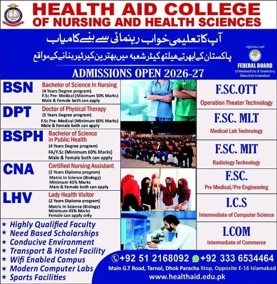 admission announcement of Health Aid College Of Nursing