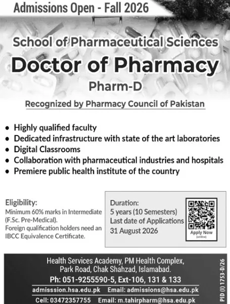 admission announcement of Health Services Academy