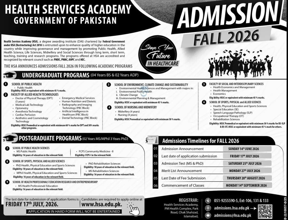 admission announcement of Health Services Academy