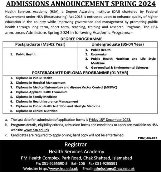 admission announcement of Health Services Academy