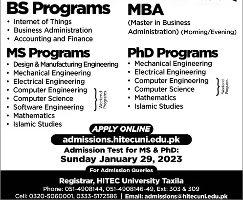 admission announcement of Hitec University