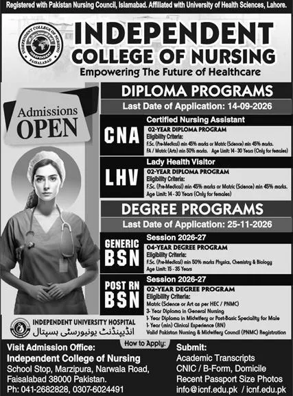 admission announcement of Independent College Of Nursing