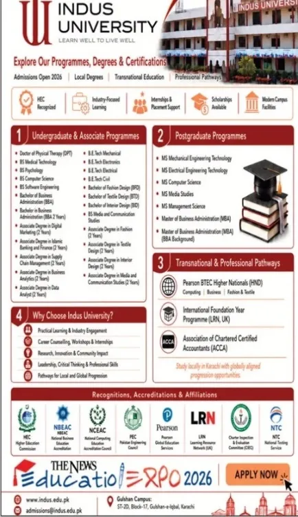 admission announcement of Indus University