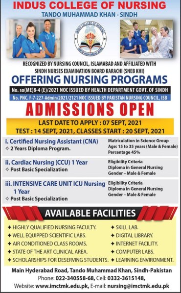 admission announcement of Indus College Of Nursing