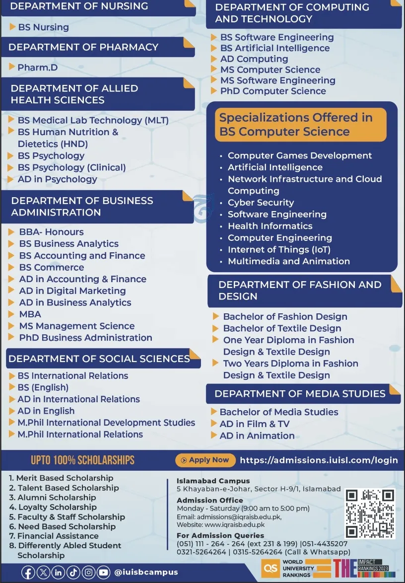 admission announcement of Iqra University, H-9 Campus