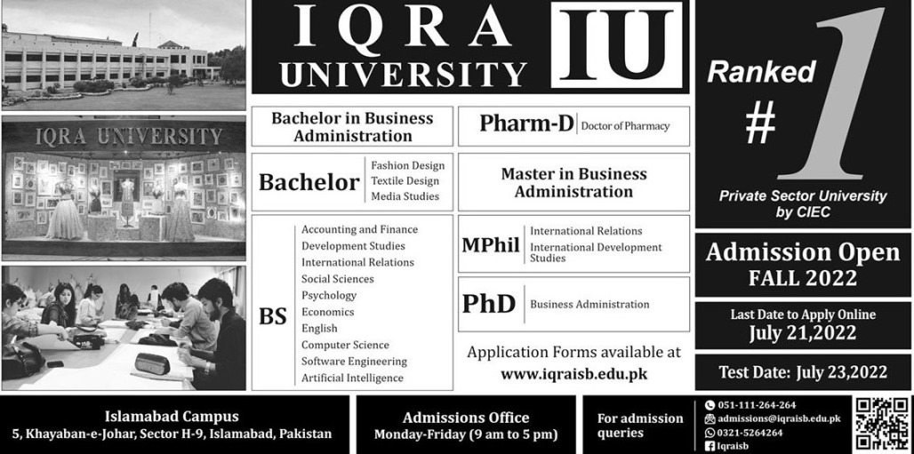 admission announcement of Iqra University [isb]