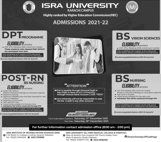 admission announcement of Isra University [khi]