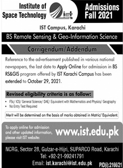 admission announcement of Institute Of Space Technology (sub Campus)