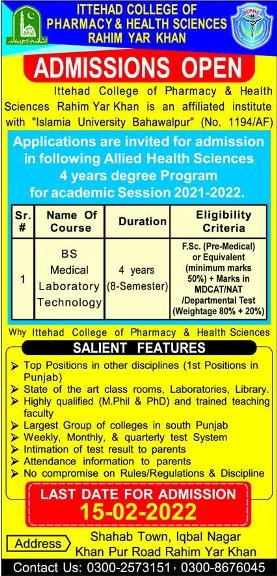 admission announcement of Ittehad College Of Pharmacy & Health Sciences