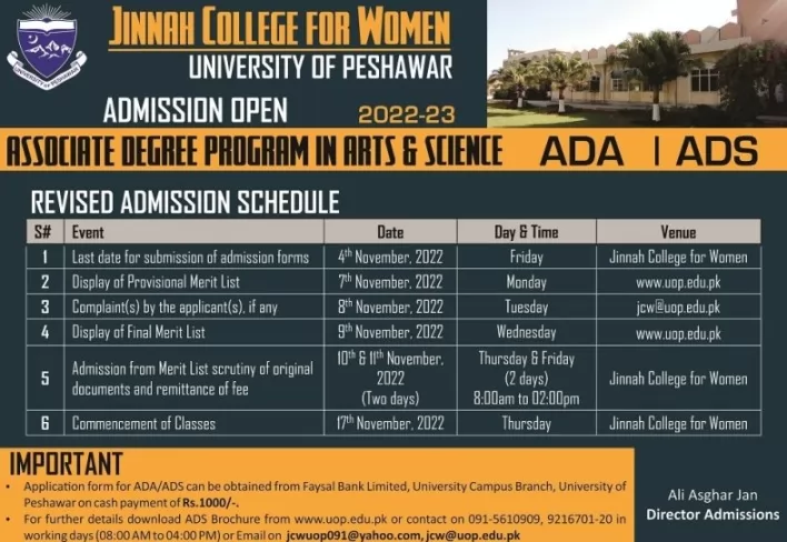 admission announcement of Jinnah College For Women