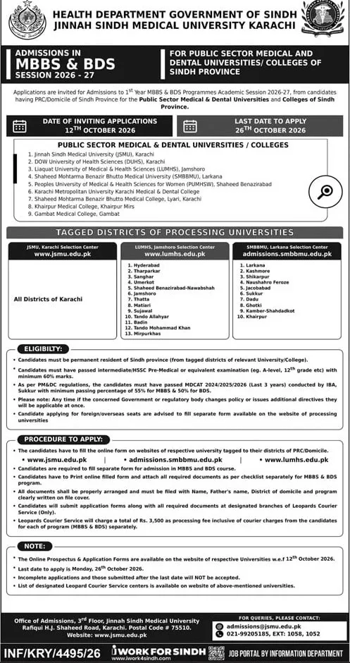 admission announcement of Peoples University Of Medical And Health Sciences For Women