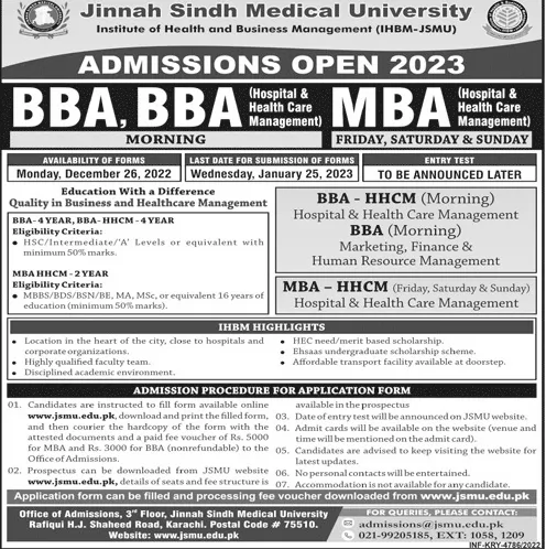admission announcement of Jinnah Sindh Medical University