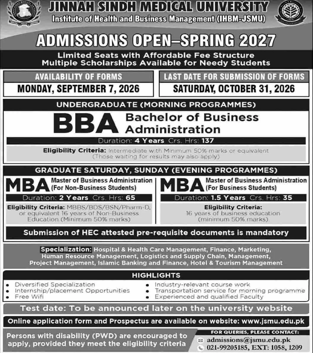 admission announcement of Jinnah Sindh Medical University