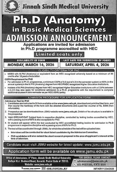 admission announcement of Jinnah Sindh Medical University